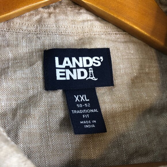 Lands End Shirt Mens XXL Tan Beige 100% Linen Button Short Sleeve Natural Fibers - Picture 2 of 8